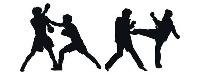 Black silhouettes of boxing and karate fighters. Vector on gray background