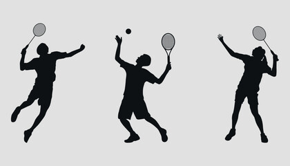 Black silhouettes of tennis players. Vector on a gray background