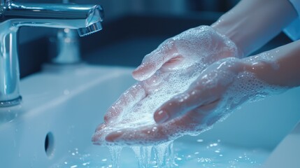 Fototapeta premium A person washes their hands under running water, emphasizing cleanliness and hygiene in a well-lit bathroom setting.