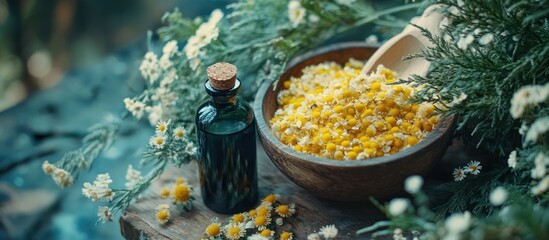 A glass bottle of essential oil sits beside a bowl of dried chamomile flowers.