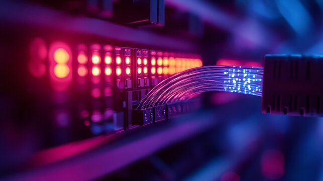 A modern, minimalist server room with sleek server racks, blue LED lights softly glowing in the dimly lit room, cables carefully organized behind transparent panels