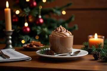 Fototapeta premium Creamy chocolate mousse dessert with whipped topping in glass with festive background