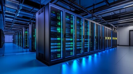 A modern server room with perfectly organized server racks, cables running along the walls, each server illuminated by blue and green status lights, creating a sleek