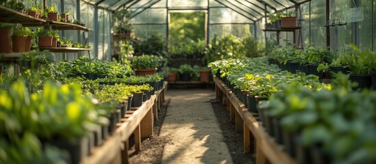 Rows of potted plants in a greenhouse with wooden shelves and a walkway down the center.