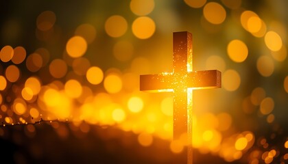 Illuminated cross against a bokeh background. Symbol of faith, hope, and spirituality.