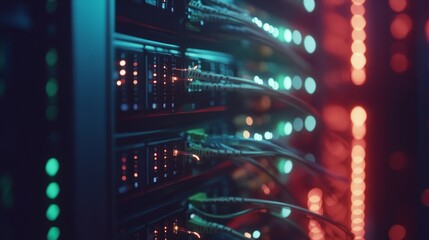 A close-up of a fiber optic cable connection in a server room, the cables glowing faintly with transmitted data, the lights of the servers flickering in the background