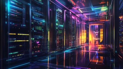 A futuristic server room with transparent glass walls, sleek servers with holographic interfaces, glowing softly with various colored lights, creating a futuristic cyberpunk feel