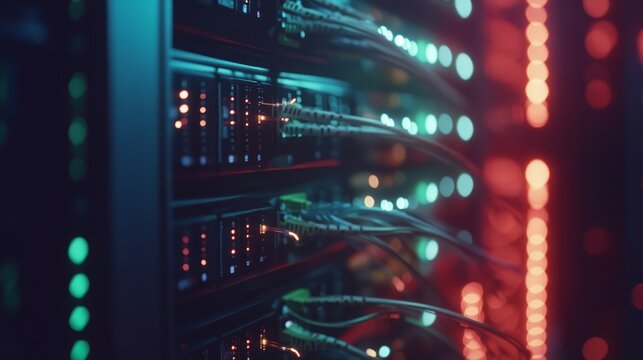 A close-up of a fiber optic cable connection in a server room, the cables glowing faintly with transmitted data, the lights of the servers flickering in the background