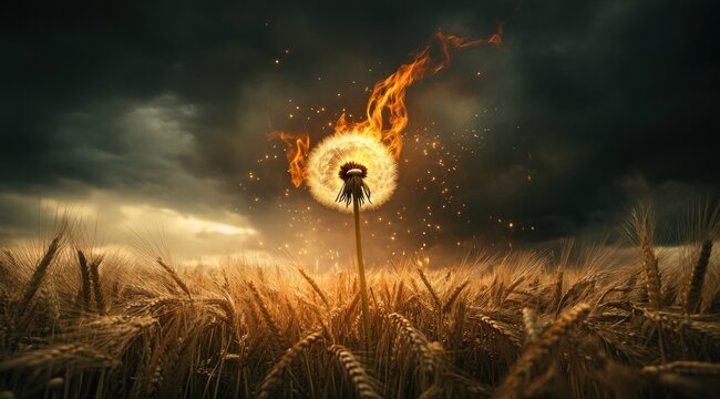 Fiery dandelion in a wheat field under a stormy sky. (1)