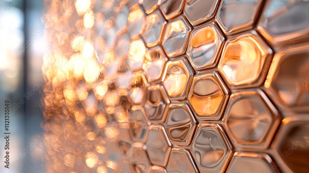 Poster captivating reflections shimmer across a close-up of a unique copper-faceted mirror, capturing light