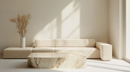 A luxurious living room with a minimalist design, featuring a beige sectional sofa and a marble coffee table