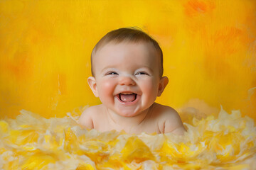Happy baby with a big smile on a soft yellow backdrop