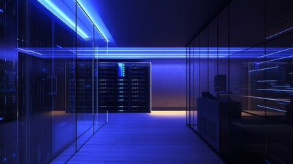 A modern, minimalist server room with sleek server racks, blue LED lights softly glowing in the dimly lit room, cables carefully organized behind transparent panels