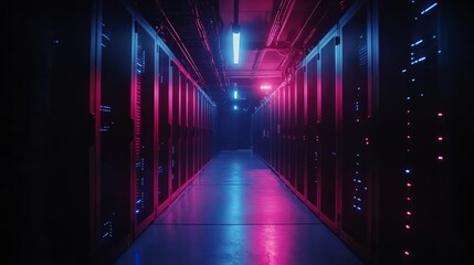 A high-tech server room with black racks glowing softly with blue LED lights, the cables neatly organized, the clean floor reflecting the light
