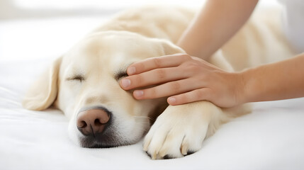 Obraz premium Young Boy Massaging a Dog’s Paw on a White Background - Tender Moment of Care and Bond Between a Child and Pet