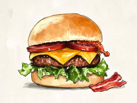 Juicy cheeseburger with bacon and lettuce. A delicious-looking meal.