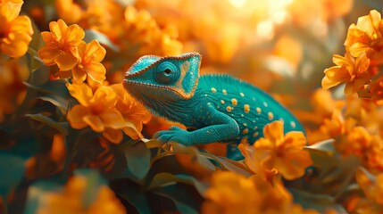 Nature photography. beautiful chameleon in turquoise and orange colors on orange flowers, perfect for wildlife enthusiasts. wildlife.