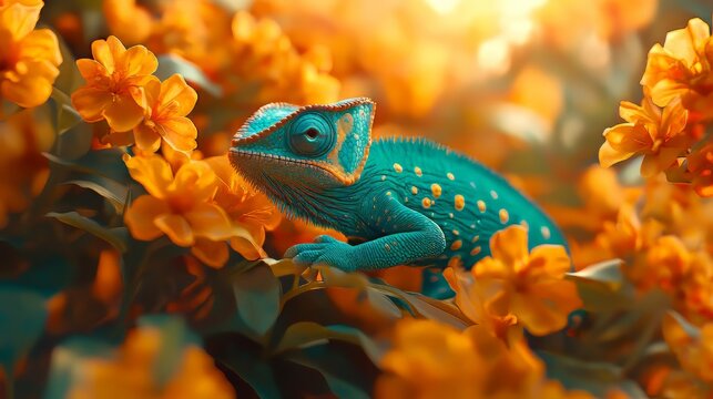 Nature photography. beautiful chameleon in turquoise and orange colors on orange flowers, perfect for wildlife enthusiasts. wildlife.