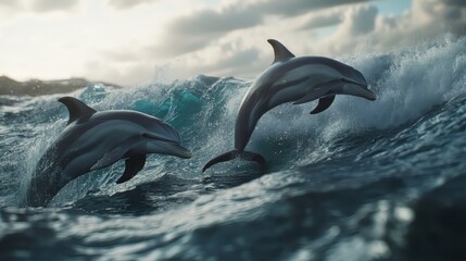 Fototapeta premium Playful dolphins jumping over breaking waves. hawaii pacific ocean wildlife scenery. marine animals in natural habitat. wildlife. 