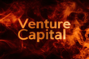 Glowing 'Venture Capital' text surrounded by dramatic orange and red swirling smoke on a dark background, creating a dynamic and intense visual impact.