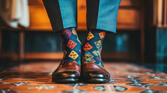 A close-up of funky patterned socks worn with formal attire, adding a quirky touch to the outfit