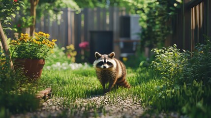 Obraz premium Raccoon in backyard. wildlife. Ultra realistic. Photorealistic hypermaximalist hyper realistic fine detail