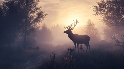 Red deer stag silhouette in the mist. wildlife. Ultra realistic. Photorealistic hypermaximalist hyper realistic fine detail