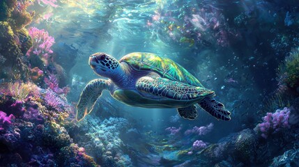 Naklejka premium Swimming sea turtle among vibrant coral reefs in ocean environment artistic underwater view