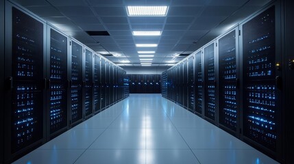 Fototapeta premium A high-tech server room with black racks glowing softly with blue LED lights, the cables neatly organized, the clean floor reflecting the light