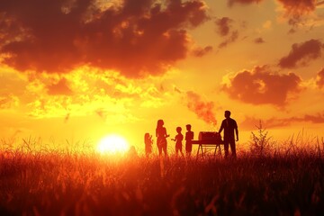 Fototapeta premium A joyful family gathering at sunset, grilling together in a beautiful outdoor setting.