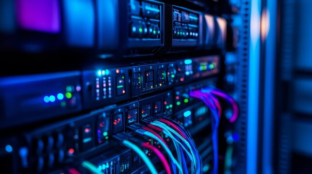 A server room bathed in cool blue light, with sleek black servers and colorful fiber optic cables neatly arranged, each server glowing softly with LED indicators
