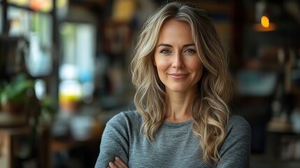 Fototapeta premium A mature woman with a smile portrays a happy and confident leader in a creative workplace