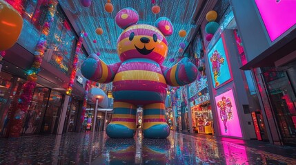 Fototapeta premium Vibrant Inflatable Bear Sculpture Illuminated in a Colorful Urban Shopping Center at Night