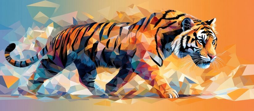 A tiger in a polygonal style, walking in a low-poly background.