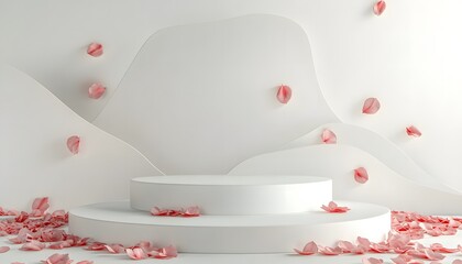 Elegant White Podium with Pink Petals Minimalist Product Display Background