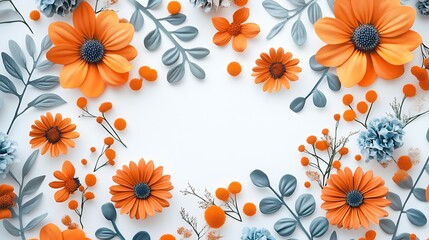 Orange and blue paper flowers frame on white.