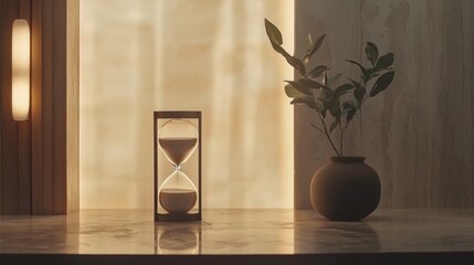 Meditative hourglass focused on time indoor serene space still life modern design close-up view