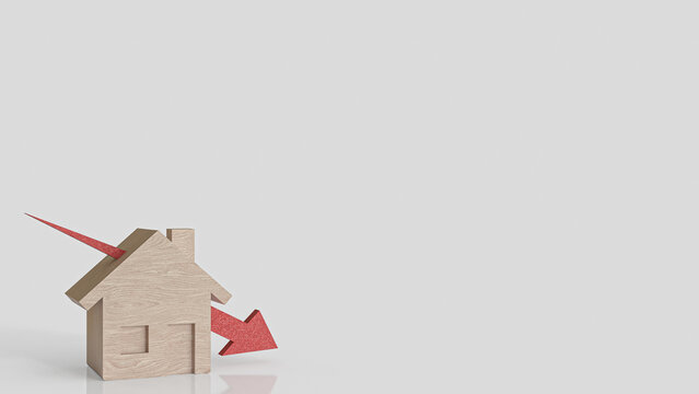 The Wood house and red arrow down for property or building concept 3d rendering..