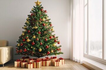 A beautifully decorated Christmas tree with red and gold ornaments, surrounded by wrapped gifts in a cozy living room.