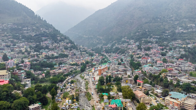 Aerial view of kullu town and himalayan mountain at kullu valley in himachal pradesh India.