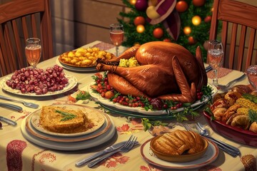 A festive holiday table set with a delicious roasted turkey and an array of side dishes, capturing cozy family moments.