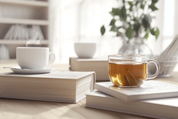 Obraz premium Relaxing scene with a steaming cup of tea and a white coffee cup on stacked books in a cozy, bright setting.