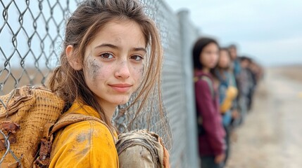 A young woman with tired eyes and weather beaten skin stands in line along the high fence