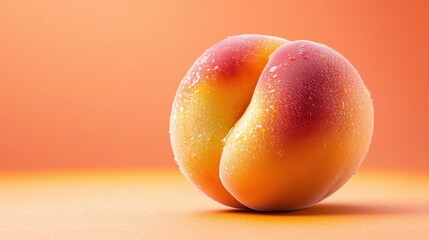 A ripe peach, with its fuzzy skin bright orange and glistening with dew, sits on a vibrant orange background, promising a sweet and juicy taste with each bite.