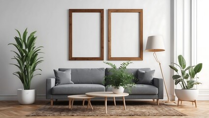 Blank poster frame mock up in scandinavian style living room interior, modern living room interior...