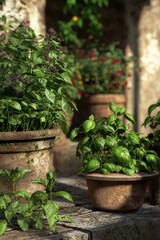 Lush green basil plants in terracotta pots, creating a vibrant garden scene filled with natural beauty.