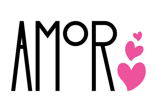 Banner con palabra amor en espa&ntilde;ol en tipograf&iacute;a lineal alargada con silueta de grupo de corazones para tarjetas y felicitaciones de San Valent&iacute;n