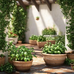 Fototapeta premium A serene garden space with vibrant greenery and decorative flower pots, creating a peaceful atmosphere.