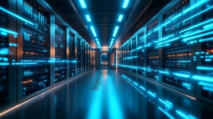 A clean, high-tech server room with rows of sleek server cabinets, the cool blue glow of status lights reflecting off the floor, surrounded by coiled data cables and control units