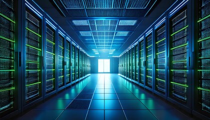 Obraz premium 3D Rendering of a Modern Server Room with Glowing Green and Blue LED
